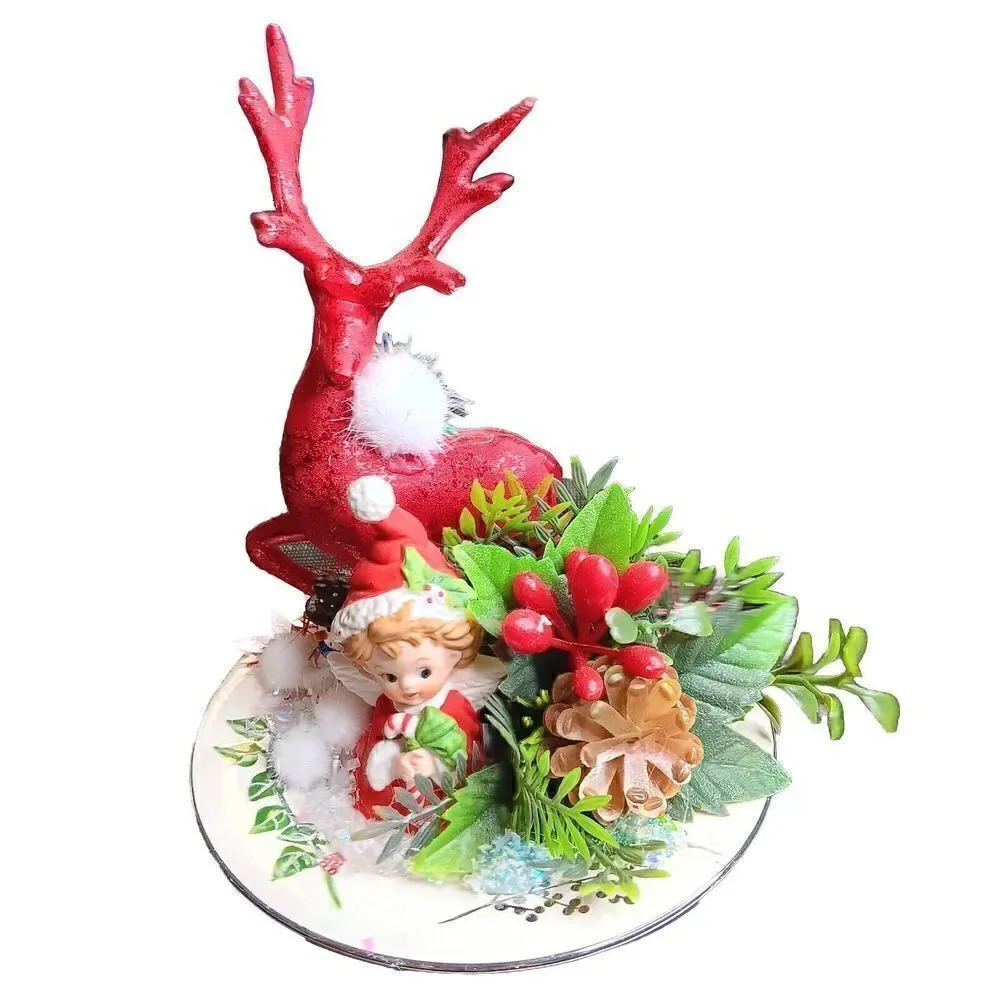 Christmas Holiday Pixie Figurine Winter Red Reindeer Angel Holly Berry Floral